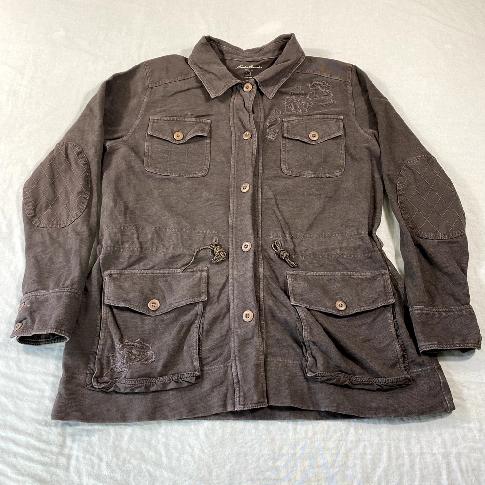 Eddie Bauer‎ Jacket Womens Large Gray Coat Blazer Cotton Stretch Waist Strap